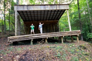 #BluegrassTrails. On the stage in the natural amphitheater in the woods of Pigeon Ridge beside the restored Bill Monroe Old Homeplace in Rosine, Ohio County, Kentucky. September 28, 2016.