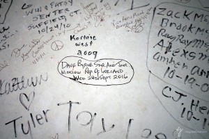 #BluegrassTrails. Leaving our mark. Signatures on the rear of the stage of the natural amphitheater in the woods of Pigeon Ridge beside the restored Bill Monroe Old Homeplace in Rosine, Ohio County, Kentucky. September 28, 2016.