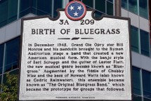 The 'Birth of Bluegrass' text on display by the Bill Monroe statue outside the Ryman Auditorium, Nashville, Tennessee. October 16, 2017.